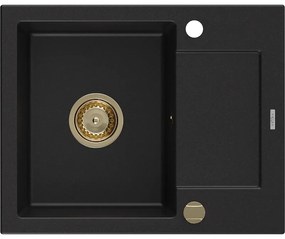 Mexen Enzo, granitový drez 576x465x174 mm, 1-komorový, čierna so zlatým sifónom, 6506571005-77-G