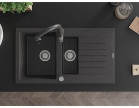 Mexen Matias, 1,5-komorový granitový drez 900x505x200 mm a drezová batéria Savita, čierna škvrtnitá, 6502-76-672601-76