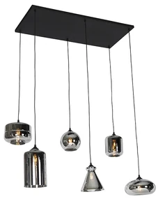 Art Deco závesné svietidlo čierne s dymovým sklom 6-žiarovkové - Wallace