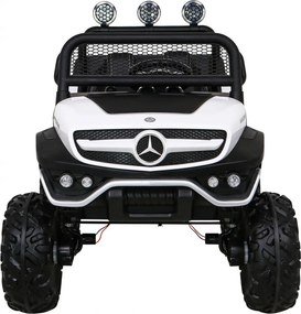 Ramiz Mercedes Benz Unimog elektrické autíčko pre deti biele + pohon 4x4 + diaľkové ovládanie + nosič batožiny + pomalý štart + MP3 + LED