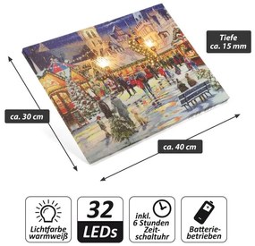 Nástenná maľba Vianočné trhy, 2 LED, 30 x 40 cm