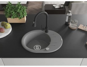 Mexen Kevin, 1-komorový granitový drez 586x458x190 mm a drezová batéria Elia, šedá, 6517-71-670101-70