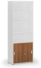 Kombinovaná kancelárska skriňa PRIMO WHITE, zasúvacie dvere na 2 poschodia, 2128 x 800 x 420 mm, biela/orech