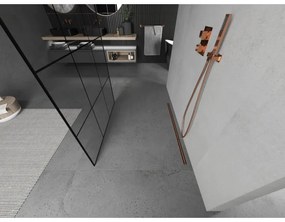 Mexen Kioto, priechodná sprchová zástena 110 x 200 cm, 8mm číre sklo - čierny vzor, 2x zlatá stabilizačná rozpera, profil ružové zlato, 800-110-002-60-77