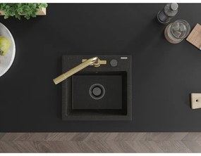 Mexen Milo, granitový drez 435x410x171 mm, 1-komorový a zlatá batéria Duero, čierna - zlatá metalíza, 6505-75-671600-50-B
