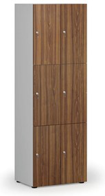 Drevená šatníková skrinka S4 s úložnými boxmi, 6 boxov, demont, cylindrický zámok, sivá/orech