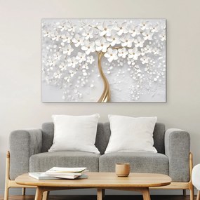 DUBLEZ | Drevený obraz - Zlatý strom s bielymi kvetmi