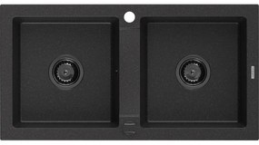 Mexen Mario, granitový drez 820x436x161 mm, 2-komorový, čierna-strieborná metalíza s čiernym sifónom, 6504822000-73-B