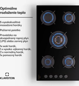 Klarstein Goldflame 5, plynová varná doska, sebestačná, 5 horákov, bočné ovládanie, plyn/propán, sklokeramika, čierna