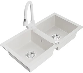 Mexen Mario, 2-komorový granitový drez 820x436x161 mm a drezová batéria Elia, biela, 6504-20-670101-20