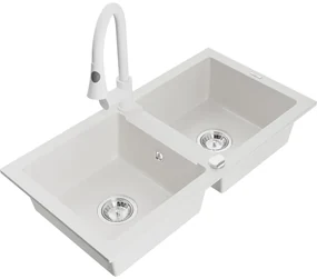 Mexen Mario, 2-komorový granitový drez 820x436x161 mm a drezová batéria Elia, biela, 6504-20-670101-20