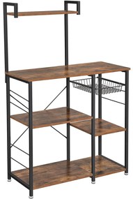 Policový kuchynský stojan, regál s drôteným košom, rustikálny hnedý