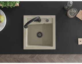 Mexen Vito, 1-komorový granitový drez 490x520x210 mm a drezová batéria Elia, béžová, 6503-69-670101-70