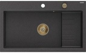 Mexen Omar, 1-komorový granitový drez 800x480x210 mm, čierna škvrnitá, zlatý sifón, 6520801005-76-G