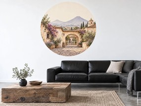 Brána s fontánou pod horami kruhová akvarelová nálepka s koloniálnym nádvoriem na stenu arch 46 x 46 cm