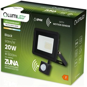 LED reflektor ZUNA 20W 1800lm 4000K IP44 Black Senzor pohybu LUMILED