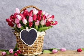 Obraz červené tulipány v drevenom košíku