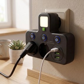 Toolight Toolight, JNH017, zásuvkový rozbočovač 2 zásuvky + 2× USB-A + USB-C s LED svetlom, čierna, OSW-56308