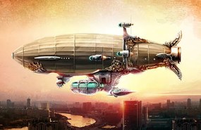 Ilustrácia Dirigible balloon in the sky over a city, Rustic