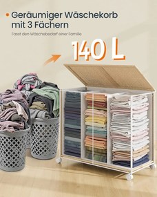 Kôš na bielizeň 140 l, 3 priehradky, s kolieskami, prírodná a biela farba