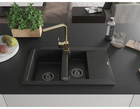 Mexen Gaspar, granitový drez 737x475x177 mm, 1,5-komorový a zlatá batéria Rita, čierna, 6507-77-670300-50-B
