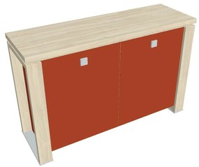 Nízka skriňa Verno+ S 140 x 46 x 90 cm, sklenené dvere, agát / oranžová