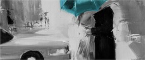 Obraz - Zamilovaný pár s dáždnikom, modrý (120x50 cm)