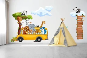Nálepka na stenu pre deti veselé safari zvieratká v autobuse 100 x 200 cm
