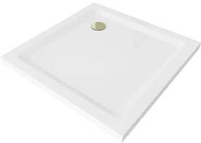 Mexen SLIM - Štvorcová sprchová vanička 90x90x5cm + zlatý sifón, biela, 40109090G