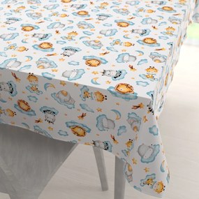 Biante Detský bavlnený obdĺžnikový obrus Sandra SA-693 Africké zvieratká na modrých obláčikoch na bielom 50x100 cm