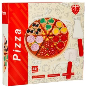 KIK Drevená hracia súprava Pizza s príslušenstvom na krájanie a zdobenie, 27 ks