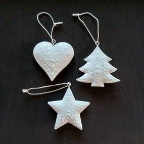 DECOLED Závesná kovová dekorácia, sada: hviezda, strom, srdce 7x7x1,2 cm