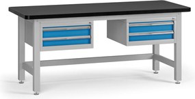 Pracovný stôl do dielne G4 s 2 závesnými boxami na náradie, MDF + PVC doska, 4 zásuvky, 1800 x 750 x 800 mm, modrá
