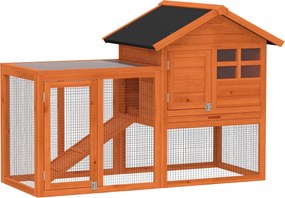 PawHut 2-poschodový drevený kotec pre králiky, 123,5 × 62,6 × 92,5 cm, bituménová strecha, výbeh s rampou a dverami – oranžový | Aosom