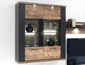 Široká nástenná vitrína Boston, čierna/dub ribbeck, s osvetlením