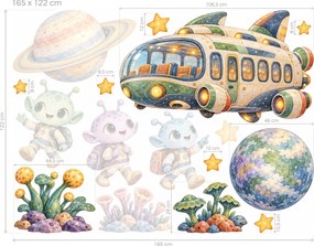 Vesmírny autobus a malí ufóni veselé akvarelové nálepky na stenu do detskej izby hárok 46 x 34 cm