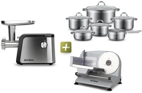 MEGAKOMBO Elektrický krájač BestBerg BBS-400 + 11dielna sada nerezových hrncov BestBerg BBSC-11 + Elektrický mlynček na mäso BestBerg BBM-2500