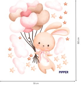 PIPPER. Textilná nálepka  na stenu "Zajačik s balónmi - ružová"