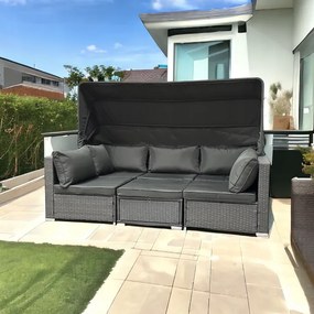 Sivý ratanový nábytok so slnečnou clonou - modulárny