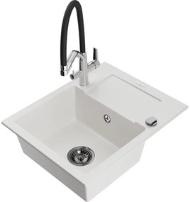 Mexen Enzo, granitový drez 576x465x174 mm, 1-komorový a drezová batéria Duo, biela, 6506-20-671701-07-B