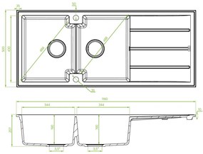 Laveo Canaria, 2-komorový granitový drez 1160x500x207 mm, čierna, LAV-SPC_B21T