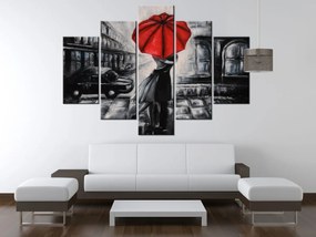 Gario Ručne maľovaný obraz Červený bozk v daždi - 5 dielny Rozmery: 150 x 105 cm