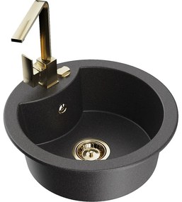 Mexen Diego, 1-komorový granitový drez 488x488x167 mm, zlatý sifón, zlatá matná batéria Rita, čierna škvrnitá, 6512-76-670300-50