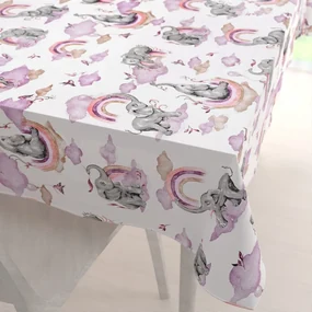 Biante Detský bavlnený obdĺžnikový obrus Sandra SA-464 Slony s fialovou dúhou na bielom 100x140 cm