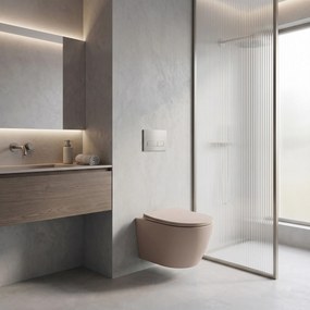 Rea Carlo Mini, závesná WC misa Rimless Tornado so sedadlom, béžová matná, REA-C4599