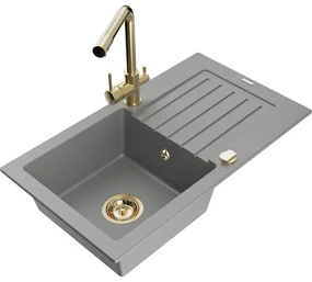 Mexen Pablo, granitový drez 752x436x161 mm, 1-komorový a zlatá batéria Duero, šedá, 6510-71-671600-50