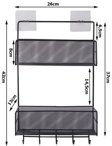 VERK GROUP Dvojposchodová závesná kovová polica do kúpeľne s 5 háčikmi, čierny ARGO
