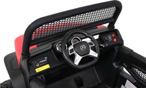 Ramiz Mercedes Benz Unimog elektrické autíčko pre deti červené + pohon 4x4 + diaľkové ovládanie + nosič batožiny + pomalý štart + MP3 + LED