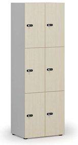 Drevená šatníková skrinka S4 s úložnými boxmi, 6 boxov, demont, mechanický kódový zámok, sivá/breza