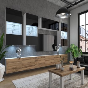 Obývacia stena Belini Premium Full Version čierny lesk / dub wotan + LED osvetlenie Nexum 82